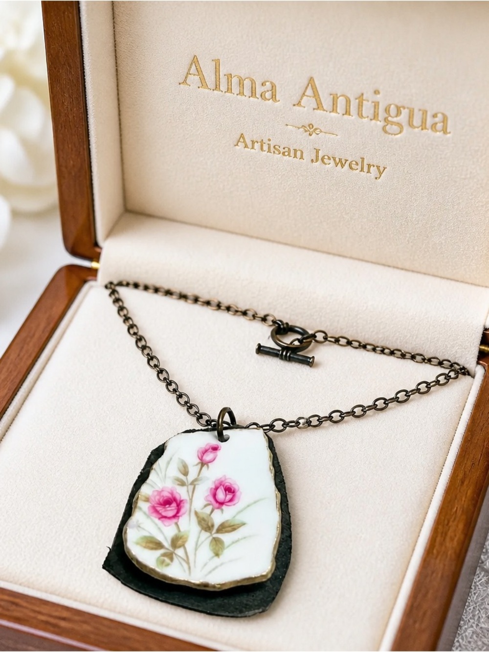 Floret Tea Rose Broken China Necklace - Green Leather Pendant | Alma Antigua